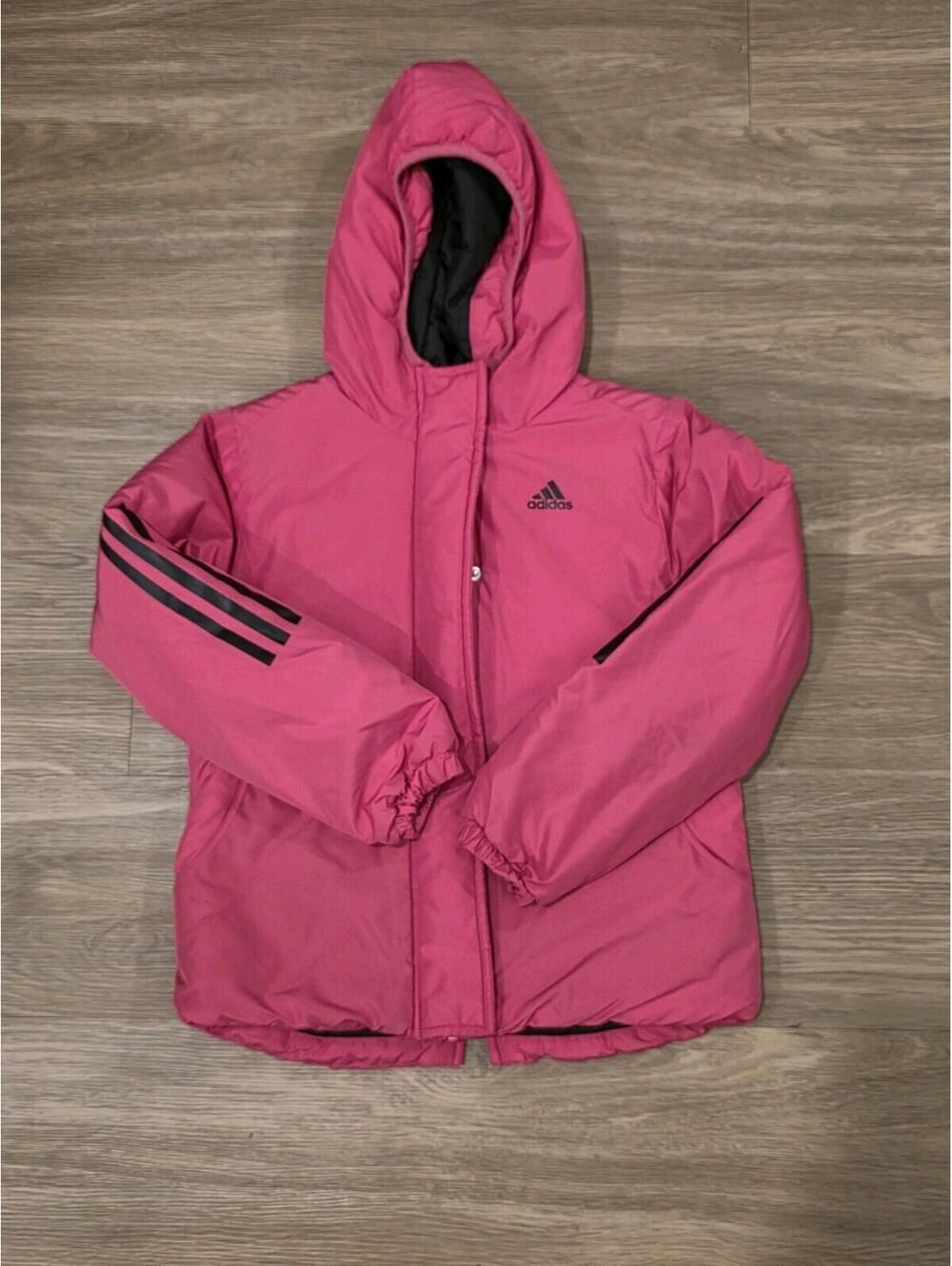 Adidas Girls Pink Hooded Puffer Coat 3 Stripe Winter Jacket S 7/8
